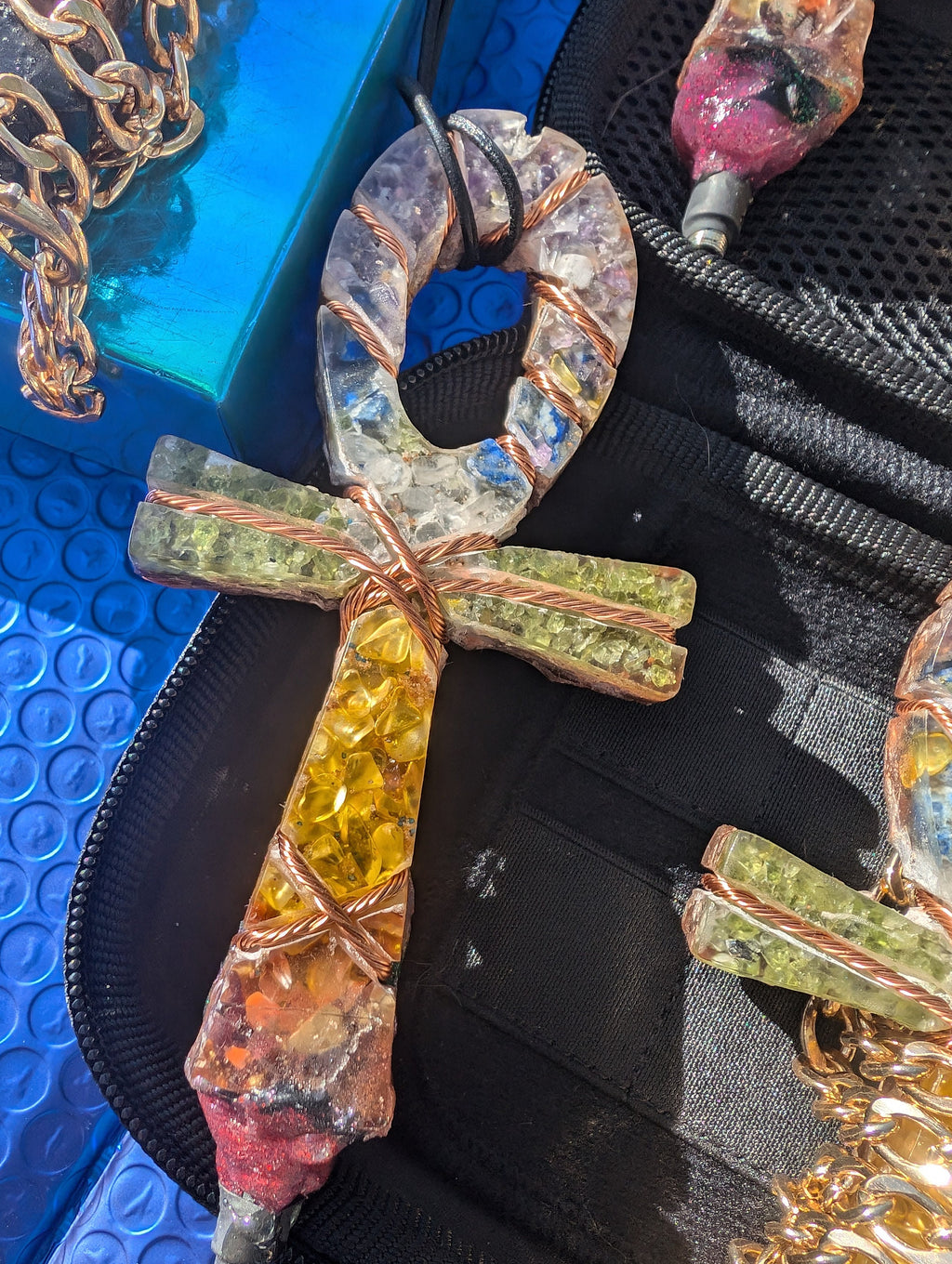 Chakra frequency machine orgone ankh full kit edition, amethyst, lapis, quartz, peridot, citrine, garnet BT transmitter edition