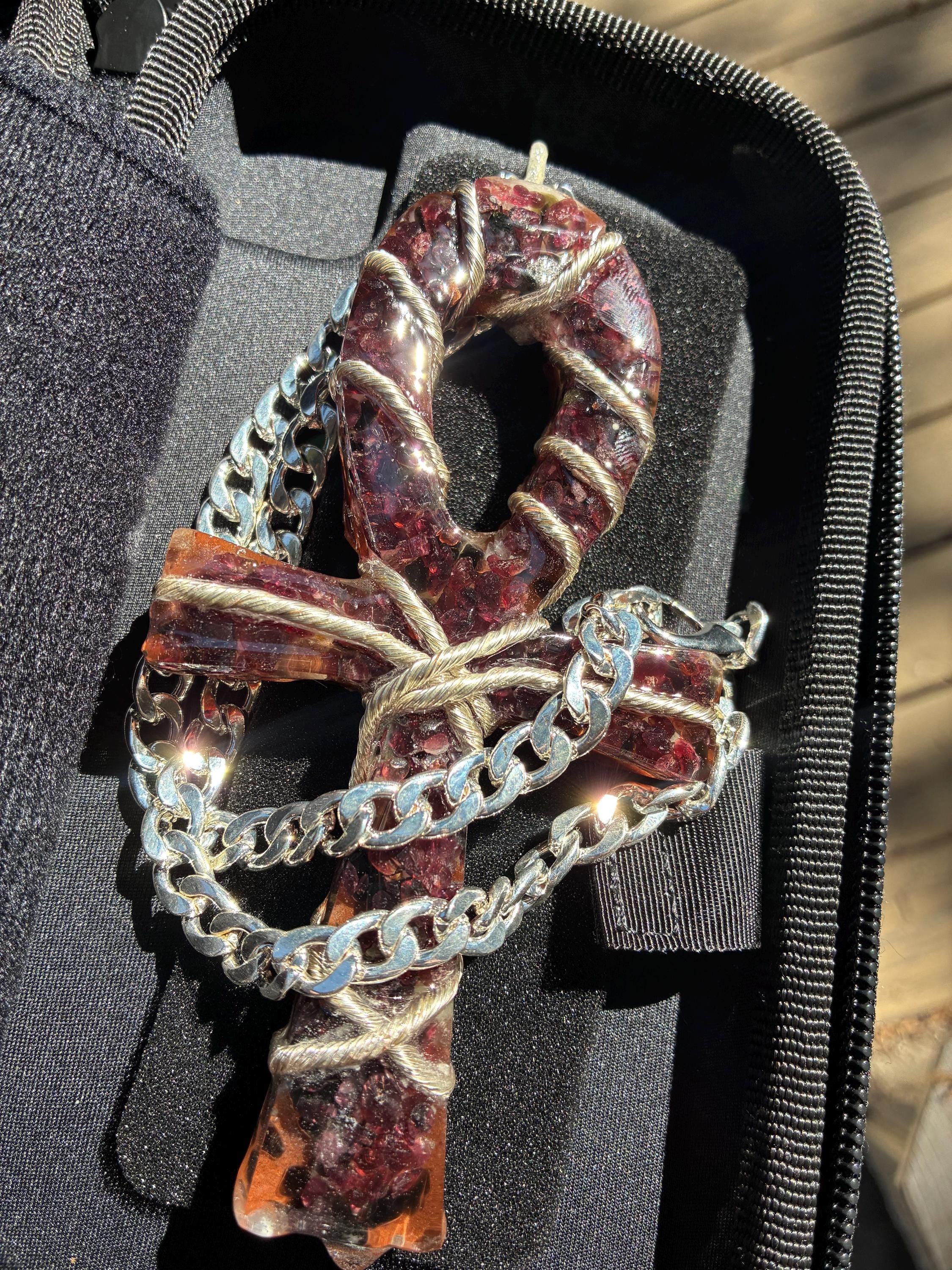 Red Garnet & Black Onyx Orgonite Pendant –Ready To Ship-  Silver Tensor Rodin Coil Lifeforce Powered Edition Real Silver Plated Chain