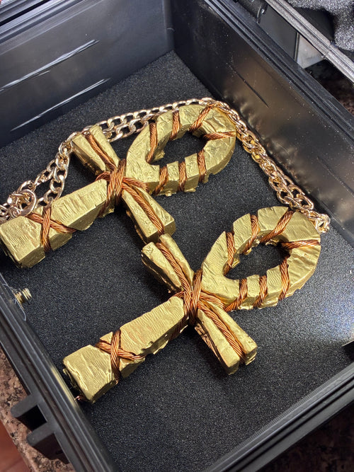 -PZO Electric Golden Eye Citrine Quartz Coil-Wrapped Ankh Pendant – Real Citrine Quartz & Red Rock Sedona Vortex Inside, Hand-Wrapped Copper Coil, 20-26 Inch Gold Chain Included, Travel Case Included