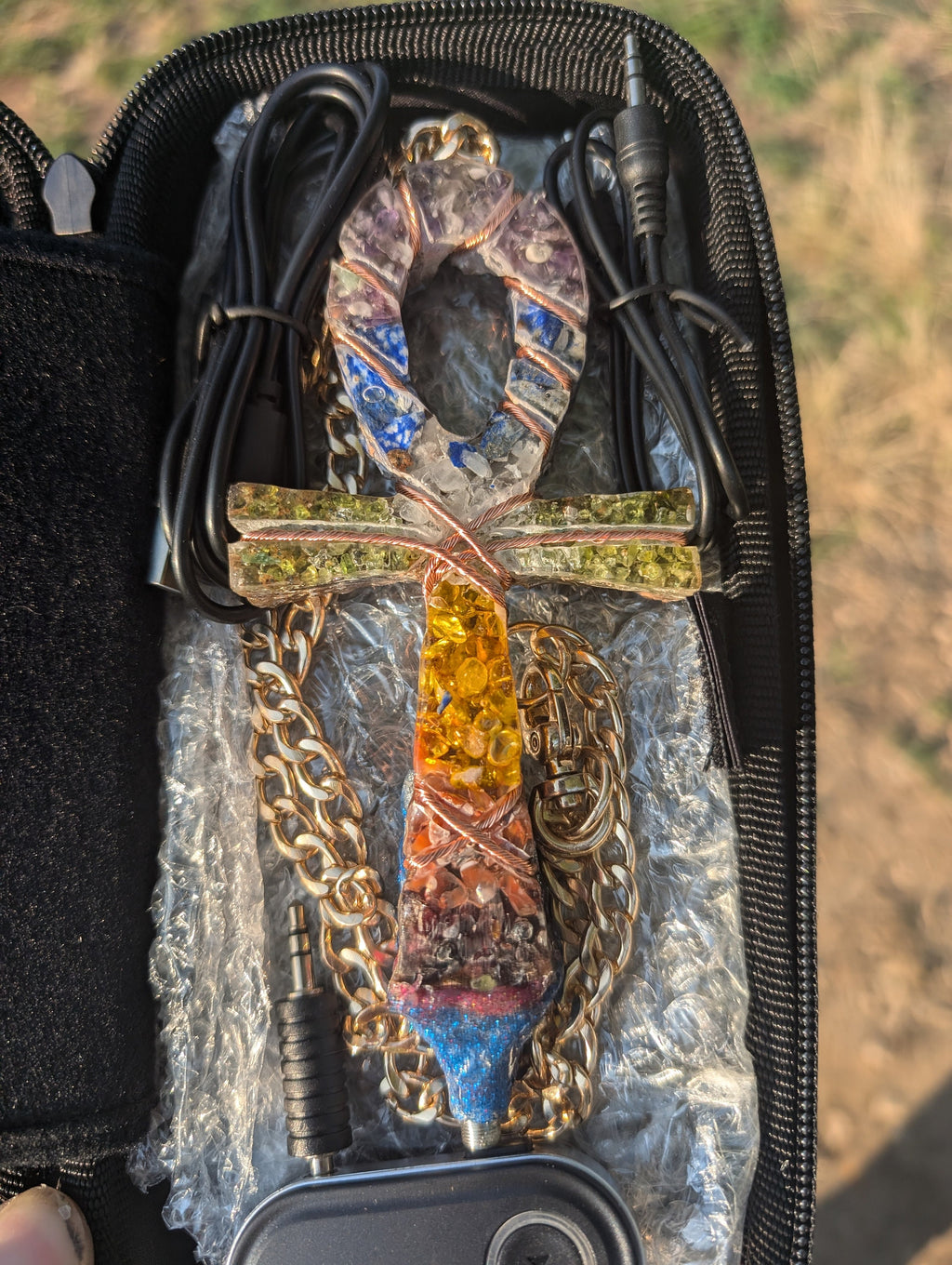 Chakra frequency machine orgone ankh full kit edition, amethyst, lapis, quartz, peridot, citrine, garnet BT transmitter edition