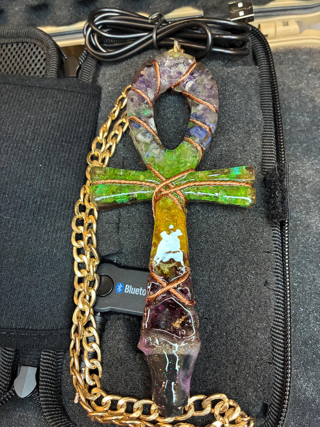 Chakra frequency machine orgone ankh full kit edition, amethyst, lapis, quartz, peridot, citrine, garnet BT transmitter edition