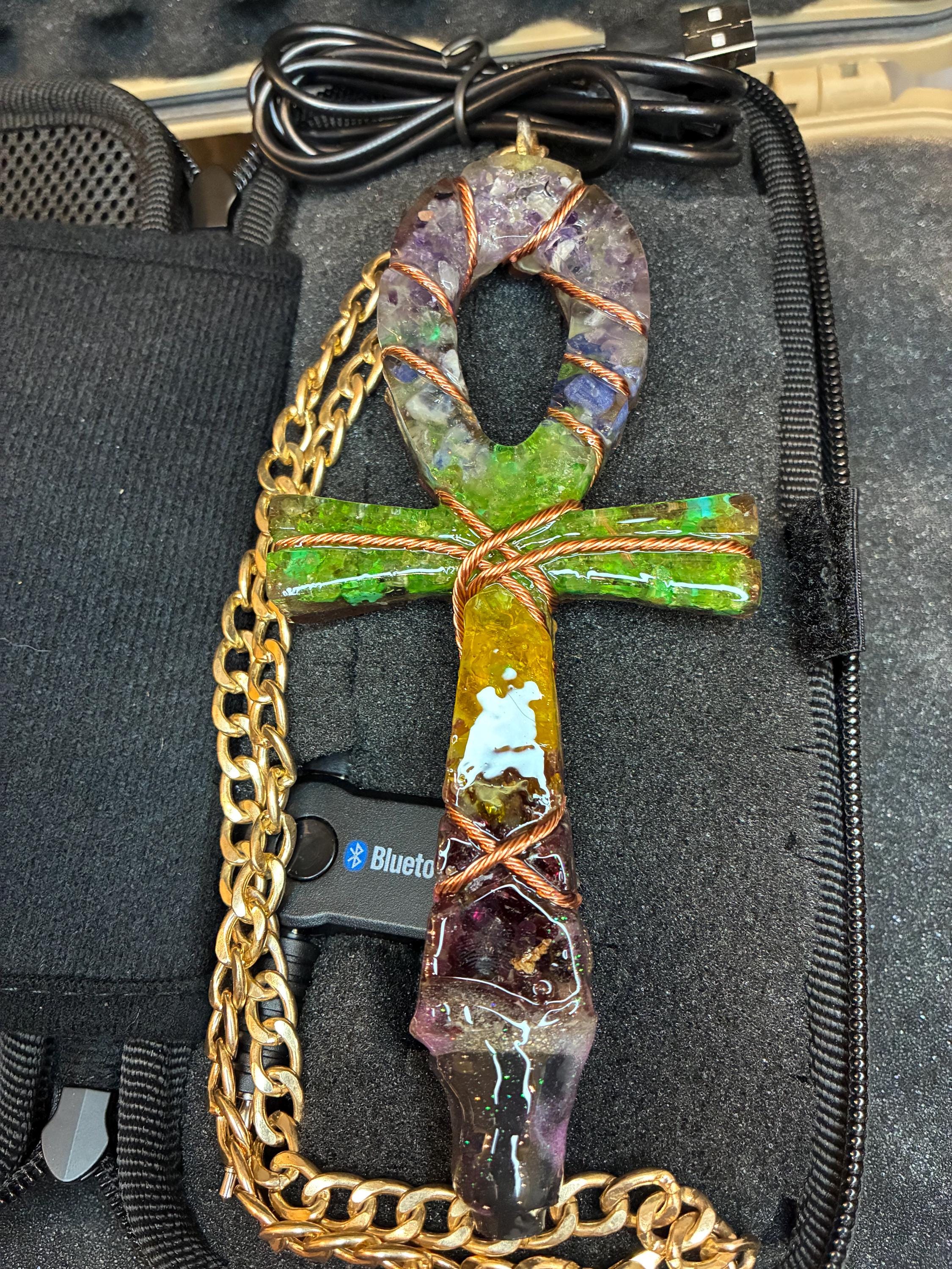 Chakra frequency machine orgone ankh full kit edition, amethyst, lapis, quartz, peridot, citrine, garnet BT transmitter edition