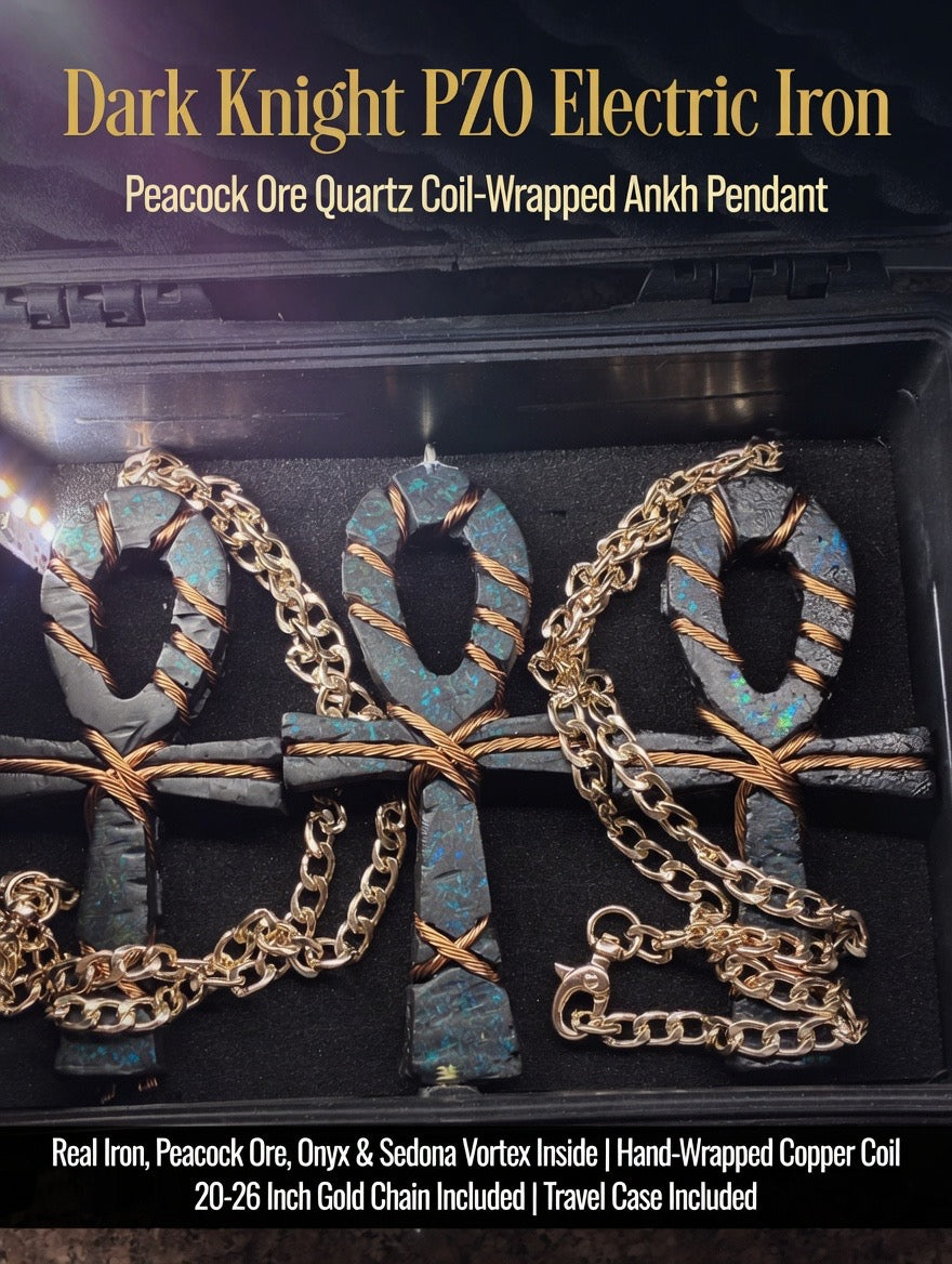 -Dark Knight PZO Electric Iron Peacock Ore Quartz Coil-Wrapped Ankh Pendant – Real Iron, Peacock Ore, Onyx & Sedona Vortex Inside, Hand-Wrapped Copper Coil, 20-26 Inch Gold Chain Included, Travel Case Included