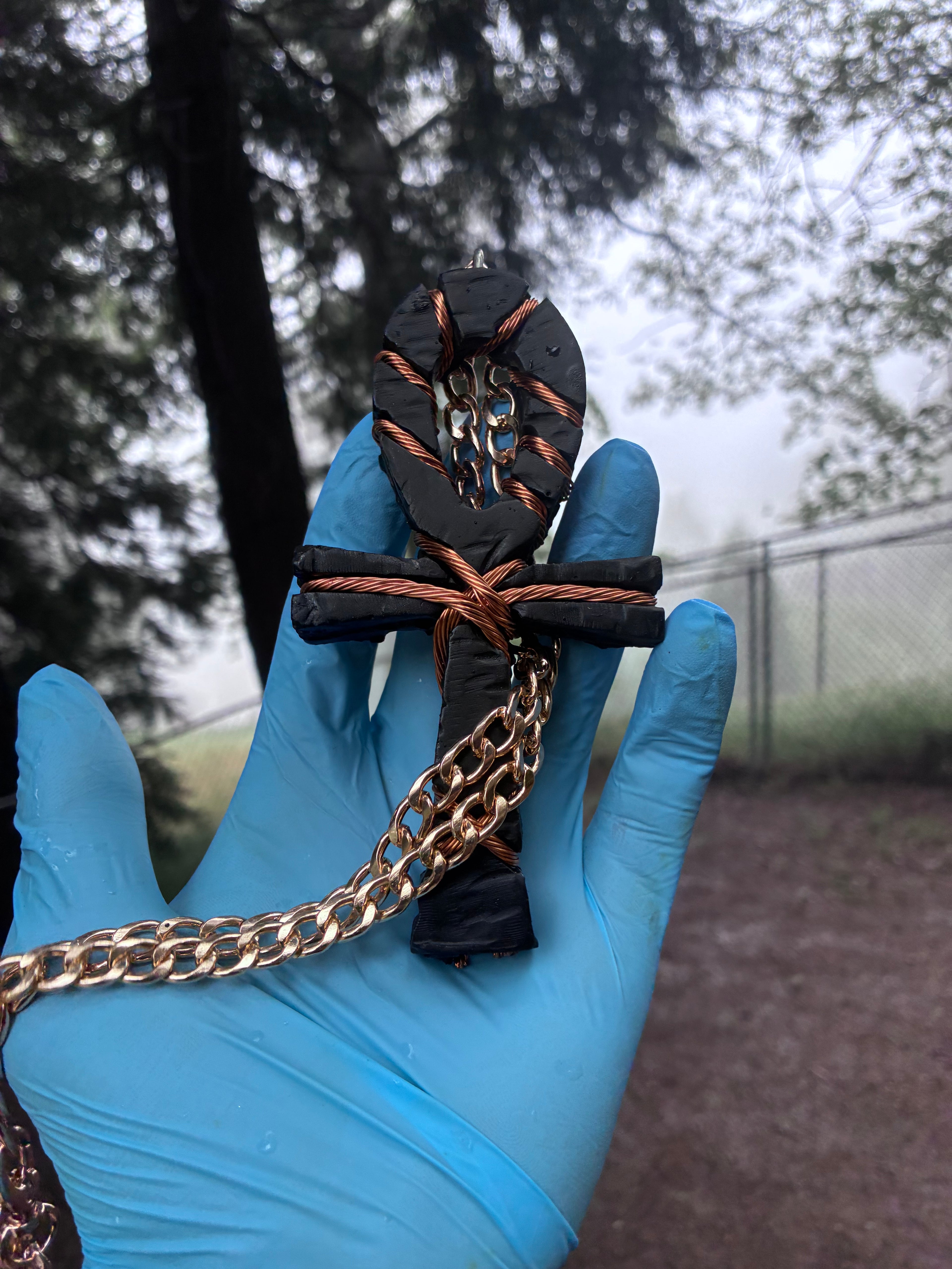 -Dark Knight PZO Electric Iron Peacock Ore Quartz Coil-Wrapped Ankh Pendant – Real Iron, Peacock Ore, Onyx & Sedona Vortex Inside, Hand-Wrapped Copper Coil, 20-26 Inch Gold Chain Included, Travel Case Included