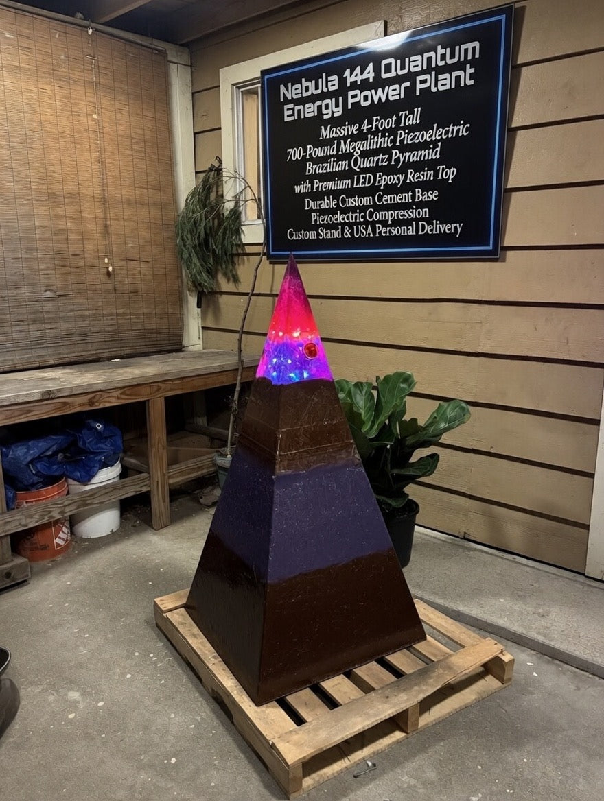 Nebula 144 Quantum Energy Power Plant – Massive 4-Foot Tall 700-Pound Megalithic Piezoelectric Brazilian Quartz Pyramid with Premium LED Epoxy Resin Top, Durable Custom Cement Base, Piezoelectric Compression, Custom Stand & USA Personal Delivery