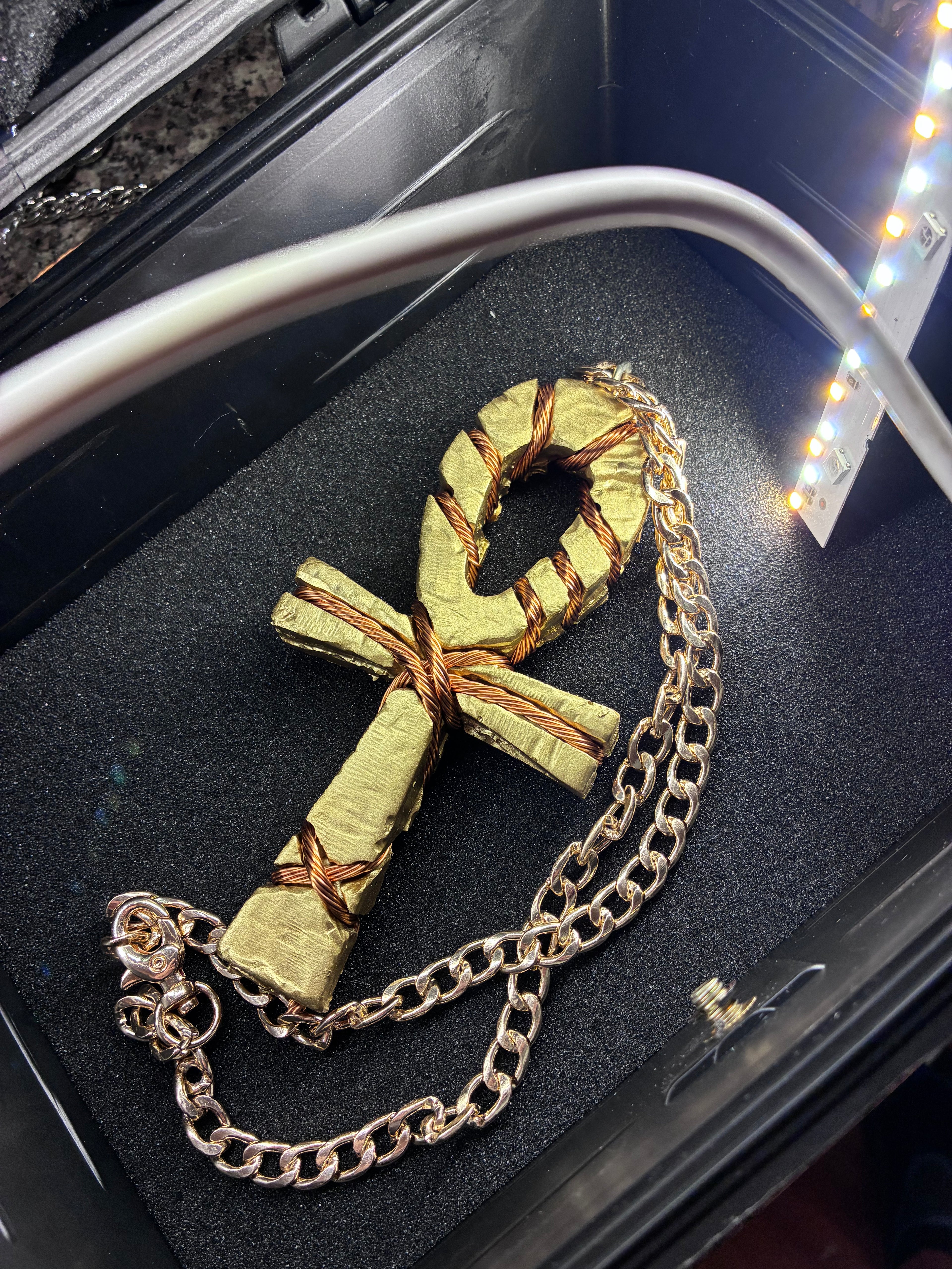 -PZO Electric Golden Eye Citrine Quartz Coil-Wrapped Ankh Pendant – Real Citrine Quartz & Red Rock Sedona Vortex Inside, Hand-Wrapped Copper Coil, 20-26 Inch Gold Chain Included, Travel Case Included