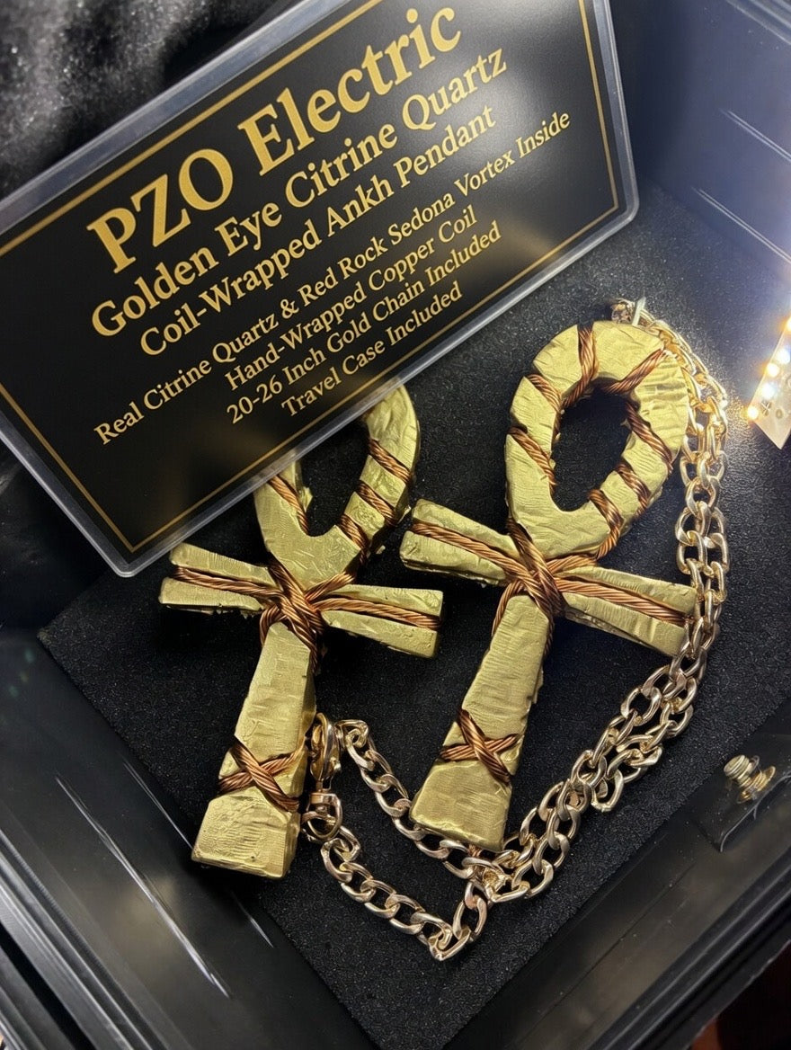 -PZO Electric Golden Eye Citrine Quartz Coil-Wrapped Ankh Pendant – Real Citrine Quartz & Red Rock Sedona Vortex Inside, Hand-Wrapped Copper Coil, 20-26 Inch Gold Chain Included, Travel Case Included