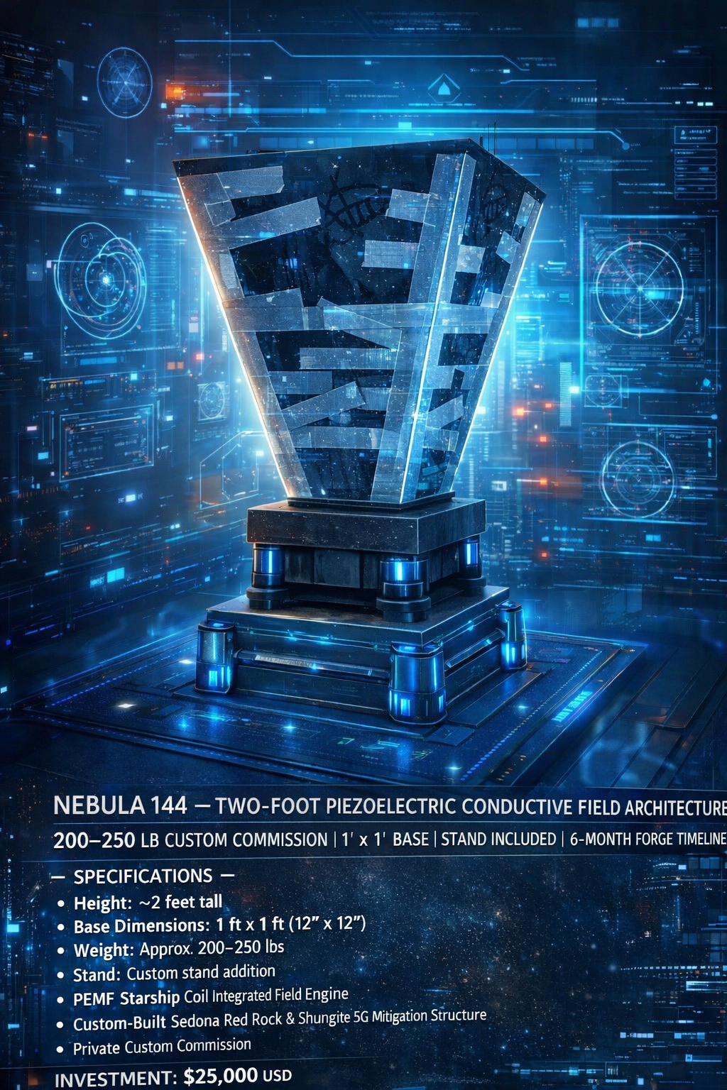 2FT NEBULA 99 SERIES — TWO-FOOT-TALL, 200–250 LB MONUMENT-GRADE PIEZOELECTRIC CONDUCTIVE FIELD ARCHITECTURE PYRAMID | 1 FT × 1 FT BASE FOOTPRINT | STAND ADDITION INCLUDED | IN PRODUCTION |RECEIVE BY JANUARY 31st