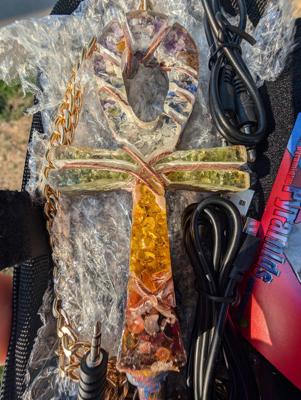 Chakra frequency machine orgone ankh full kit edition, amethyst, lapis, quartz, peridot, citrine, garnet BT transmitter edition