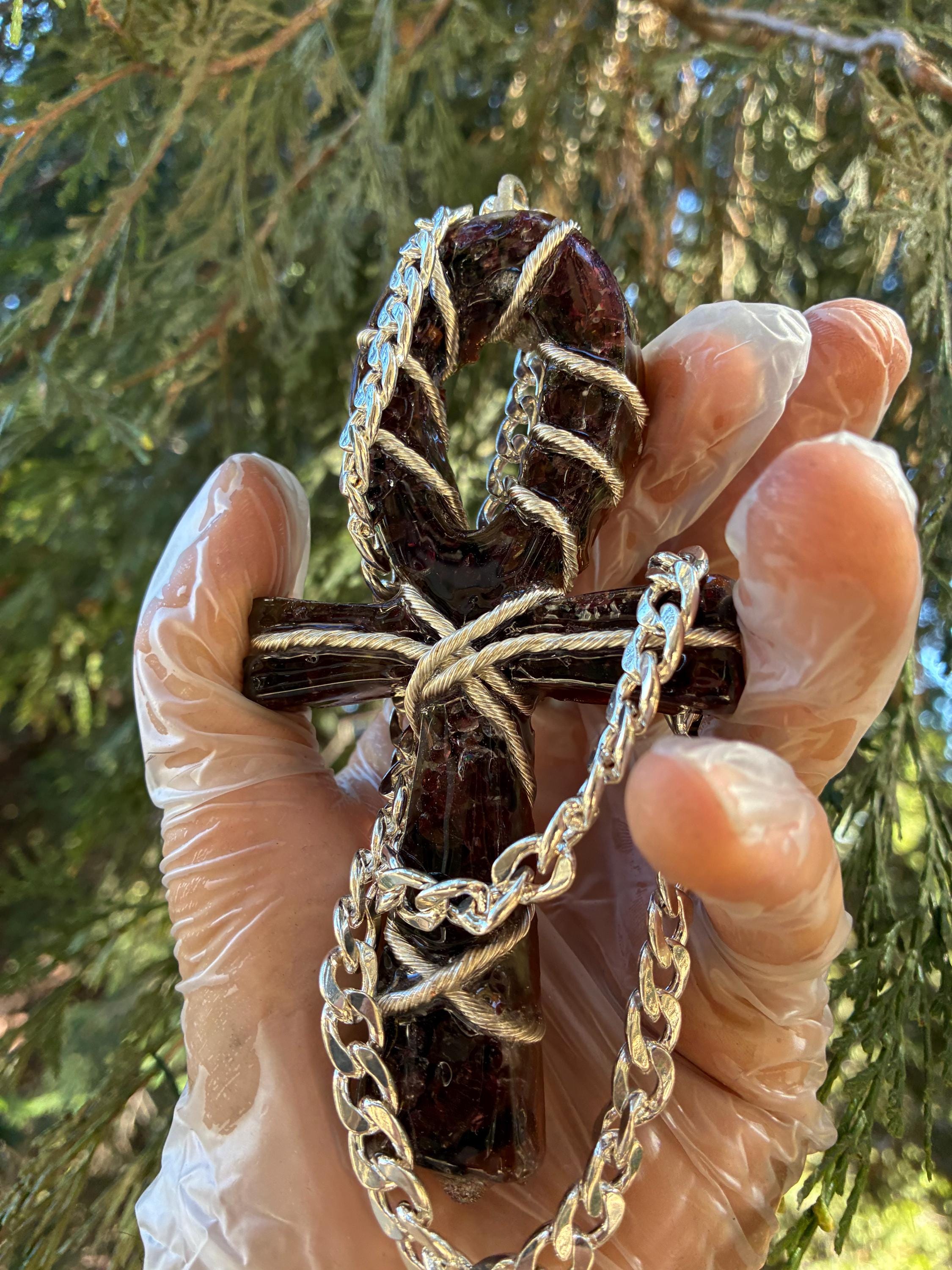 Red Garnet & Black Onyx Orgonite Pendant –Ready To Ship-  Silver Tensor Rodin Coil Lifeforce Powered Edition Real Silver Plated Chain