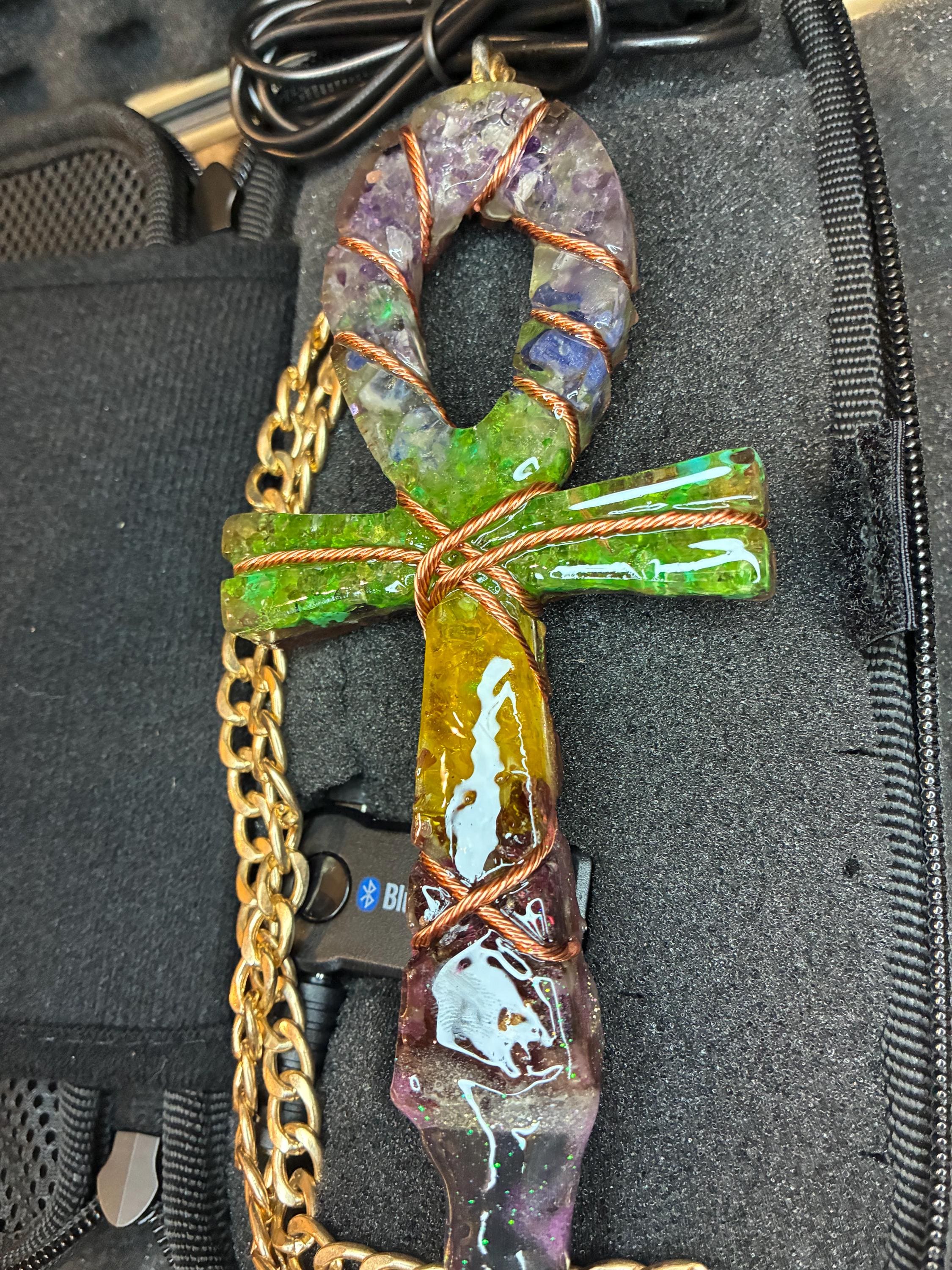 Chakra frequency machine orgone ankh full kit edition, amethyst, lapis, quartz, peridot, citrine, garnet BT transmitter edition