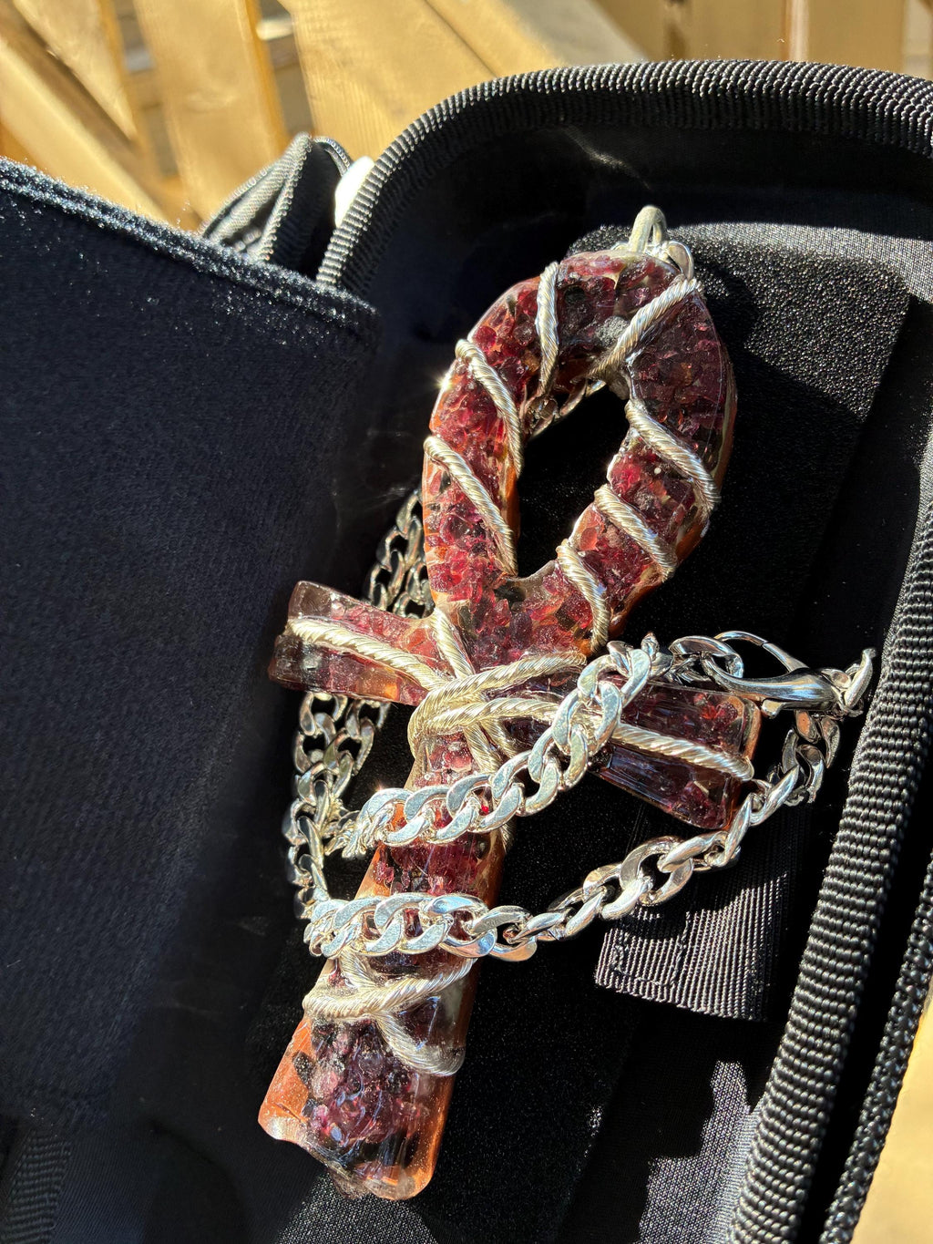 Red Garnet & Black Onyx Orgonite Pendant –Ready To Ship-  Silver Tensor Rodin Coil Lifeforce Powered Edition Real Silver Plated Chain