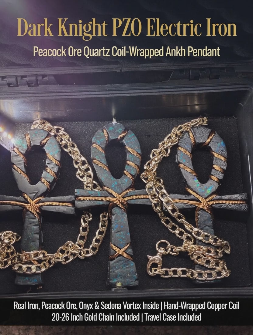 -Dark Knight PZO Electric Iron Peacock Ore Quartz Coil-Wrapped Ankh Pendant – Real Iron, Peacock Ore, Onyx & Sedona Vortex Inside, Hand-Wrapped Copper Coil, 20-26 Inch Gold Chain Included, Travel Case Included