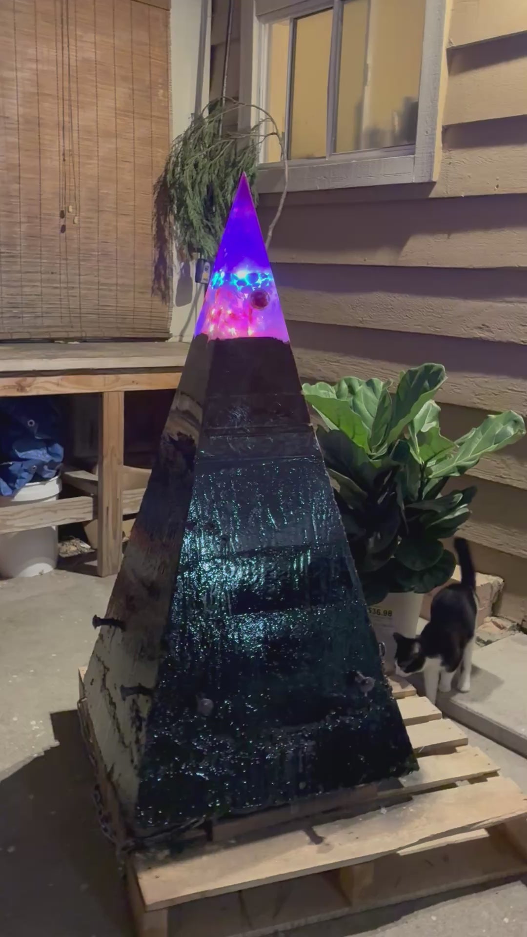-144 Nebula A – Massive 4-Foot Tall Megalithic Brazilian Quartz Pyramid Weighing 670 plus lbs | Handcrafted with Premium LED Epoxy Resin Top and Durable Cement Base | Includes Custom Stand and Shipping Pallet for Stability USA Delivery